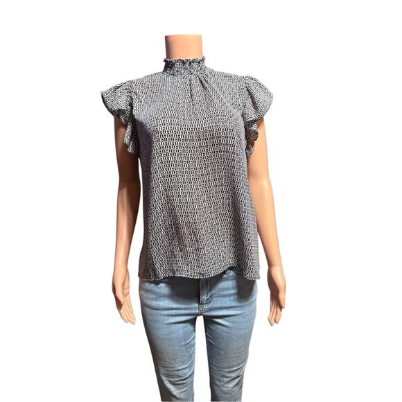 Alex & Lili high-neck ruffled blouse with a black and white geometric pattern. M - Picture 5 of 7